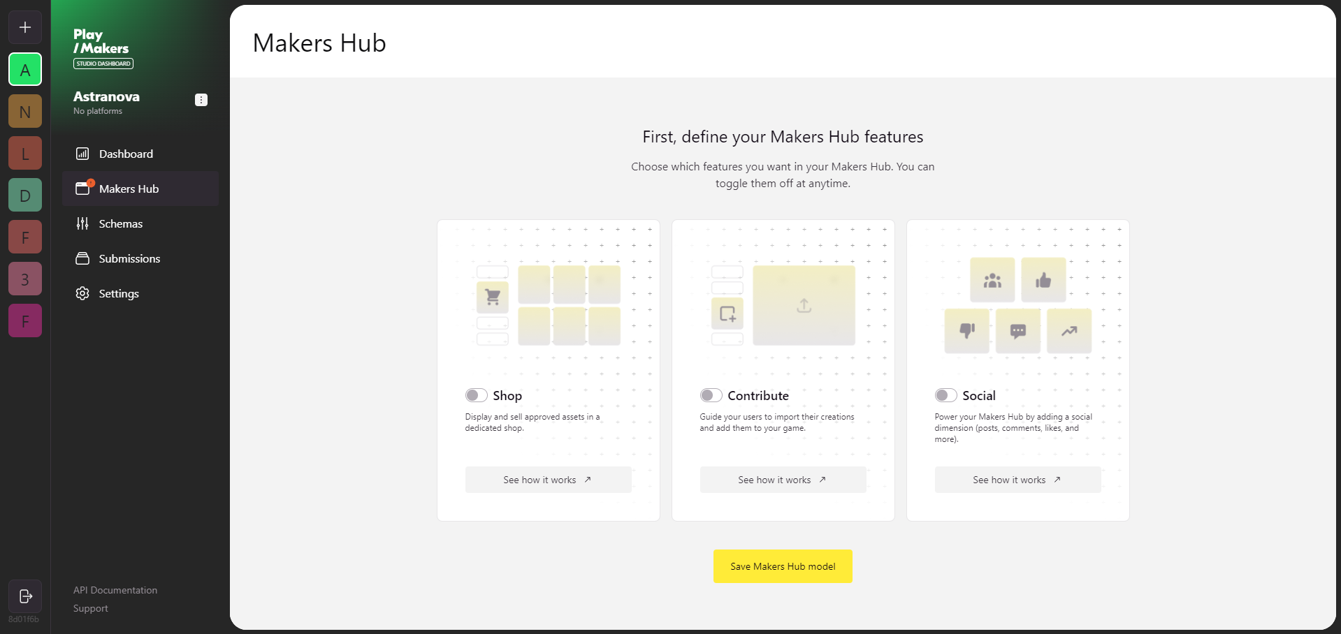 Possibility to set some of Makers Hub&#39;s features from Studio Dashboard