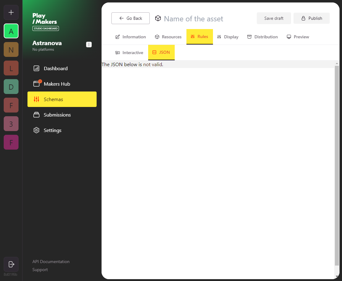 Studio Dashboard&#39;s json tab in the schema-rules tab